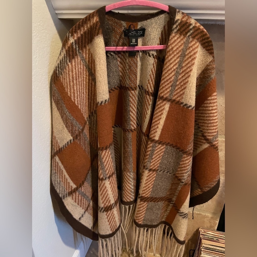 NWOT Rachel Zoe Plaid Fringe Reversible Ruana Wrap Western Boho Casual OS